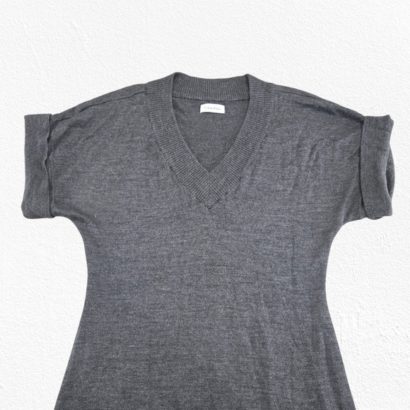 Calvin Klein Gray Merino Wool Blend Sweater Dress Short Sleeve V-Neck Medium - Picture 4 of 11